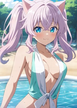 Anime Girl Summer Poolside Delight - Premium Wooden Framed Poster. Ready to Hang.