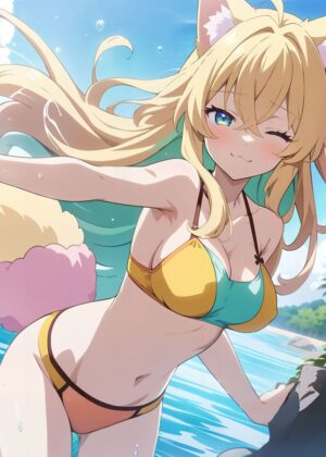 Anime Girl Summer Fun - Premium Wooden Framed Poster. Ready to Hang.