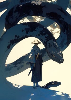 Samurai and the Serpent's Coil: A Masterpiece of Japanese-Inspired Art - Premium Wooden Framed Poster. Ready to Hang.