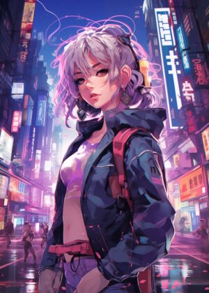 Cyberpunk City Girl: Digital Art Print - Premium Wooden Framed Poster. Ready to Hang.