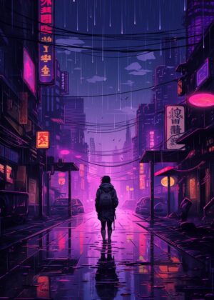 Cyberpunk Alley: Rainy Night in the City - Premium Wooden Framed Poster. Ready to Hang.