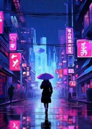 Rainy Night in Neon City - Premium Wooden Framed Poster. Ready to Hang.