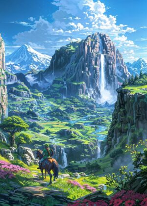 Waterfall Rider: A Breathtaking Fantasy Landscape - Premium Wooden Framed Poster. Ready to Hang.