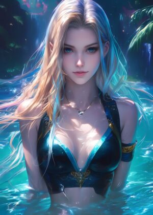 Enchanted Lagoon: A Nighttime Swim - Premium Wooden Framed Poster. Ready to Hang.