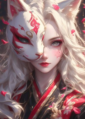 Sakura Fox Mask Girl: Elegant Anime Art Print - Premium Wooden Framed Poster. Ready to Hang.