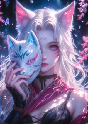 Enchanted Fox Spirit: Anime Girl Art Print - Premium Wooden Framed Poster. Ready to Hang.