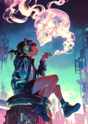Anime Girl and Skull Vaporwave Art Print - Premium Wooden Framed Poster. Ready to Hang.