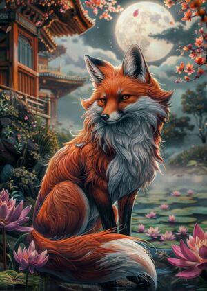 Moonlight Fox: A Serene Digital Art Print - Premium Wooden Framed Poster. Ready to Hang.