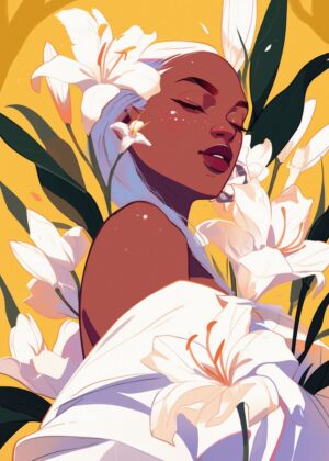 Serene Beauty: Lily and Woman Art Print - Premium Wooden Framed Poster. Ready to Hang.