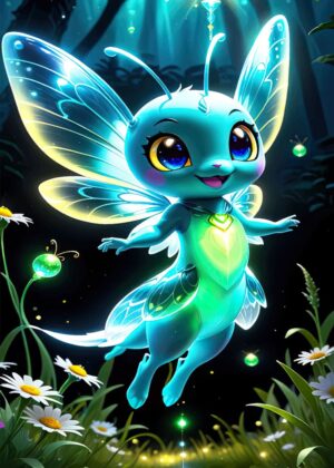 Enchanted Fantasy Creature: Adorable Anime-Style Artwork - Premium Wooden Framed Poster. Ready to Hang.