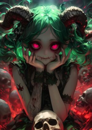 Demonic Evil Anime Girl: A Dark Fantasy Art Print - Premium Wooden Framed Poster. Ready to Hang.