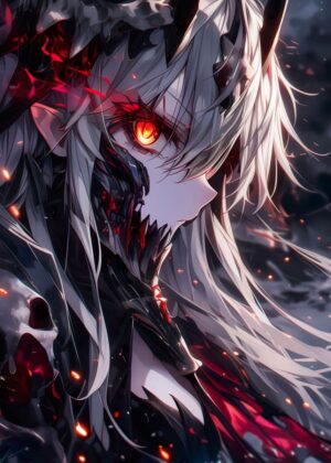 Fiery Skull Anime Girl Art Print - Premium Wooden Framed Poster. Ready to Hang.