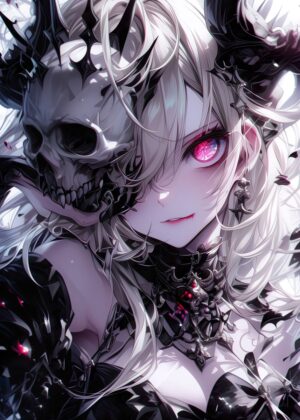 Lady of Death Skulls: Anime Art Print - Premium Wooden Framed Poster. Ready to Hang.