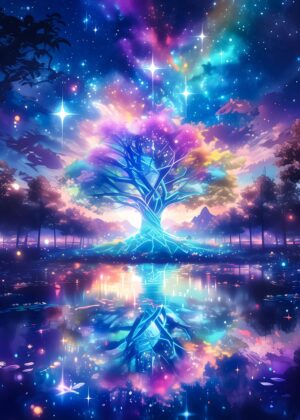 Ethereal Crystal Tree: Anime Fantasy Art Print - Premium Wooden Framed Poster. Ready to Hang.