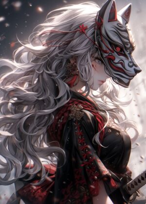 Fox Princess Samurai: Anime Art Print - Premium Wooden Framed Poster. Ready to Hang.