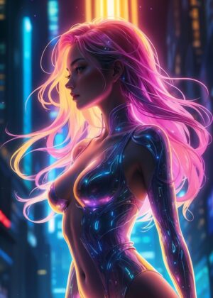 Neon Dreams: A Cyberpunk Beauty - Premium Wooden Framed Poster. Ready to Hang.