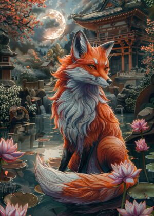 Serene Fox in a Japanese Garden - Premium Wooden Framed Poster. Ready to Hang.