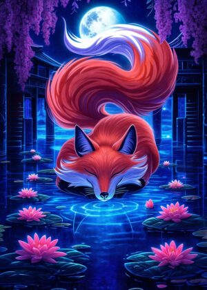 Mystical Lotus Fox: A Dreamlike Digital Art Print - Premium Wooden Framed Poster. Ready to Hang.
