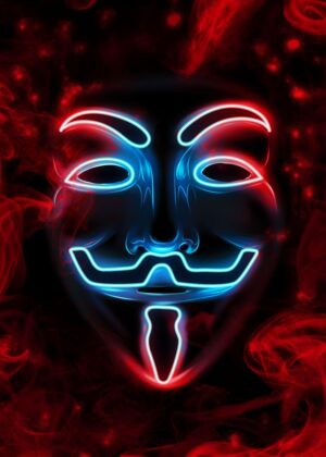 Anonymous Neon Mask: Digital Art Print - Premium Wooden Framed Poster. Ready to Hang.