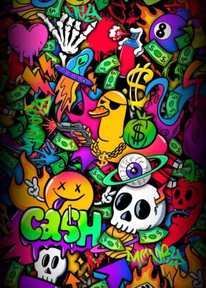 Vibrant Cash Graffiti Art Print - Premium Wooden Framed Poster. Ready to Hang.