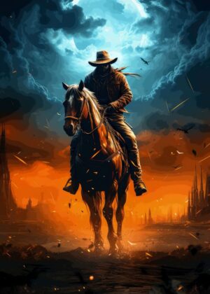 Lone Rider in a Burning World: Dramatic Artwork - Premium Wooden Framed Poster. Ready to Hang.
