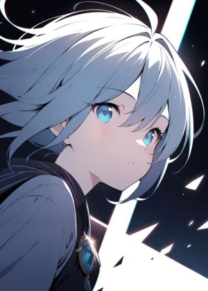 Azure Gaze Mystery: Anime Girl Art Print - Premium Wooden Framed Poster. Ready to Hang.