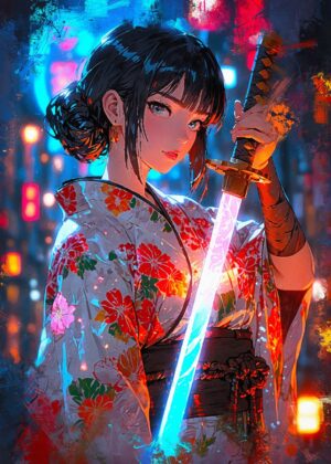 Cyberpunk Geisha Assassin: Digital Art Print - Premium Wooden Framed Poster. Ready to Hang.