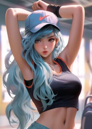 Anime Fitness Girl: Vibrant Blue Hair and Athletic Style - Premium Wooden Framed Poster. Ready to Hang.