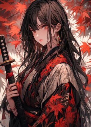 Elegant Samurai Girl: Autumnal Anime Art Print - Premium Wooden Framed Poster. Ready to Hang.