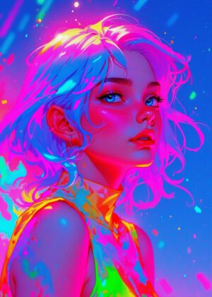 Rainbow Neon Woman: Vibrant Digital Art Print - Premium Wooden Framed Poster. Ready to Hang.