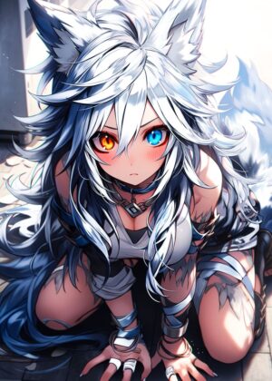 Arctic Foxgirl: Anime Digital Art Print - Premium Wooden Framed Poster. Ready to Hang.