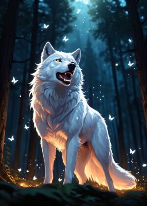 Mystical Forest Guardian: A Majestic White Wolf in a Dreamlike Forest - Premium Wooden Framed Poster. Ready to Hang.