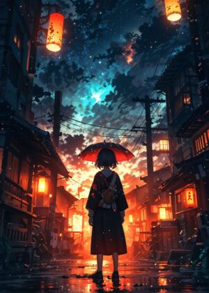 Anime Girl Under Umbrella in Cosmo Cityscape - Premium Wooden Framed Poster. Ready to Hang.