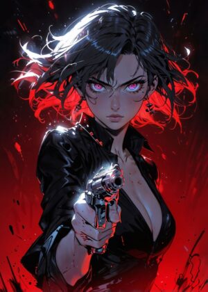 Crimson Chaos Queen: Fierce Anime Art Print - Premium Wooden Framed Poster. Ready to Hang.