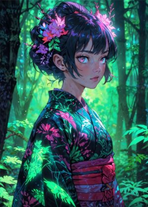 Anime Girl Forest Spirit: Mystical Beauty in a Vibrant Forest - Premium Wooden Framed Poster. Ready to Hang.
