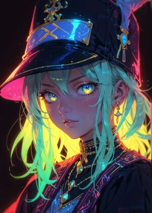 Anime Girl Electric Gaze: Vibrant Digital Art Print - Premium Wooden Framed Poster. Ready to Hang.