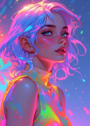 Neon Dreams: Vibrant Digital Art Print of a Stylish Girl - Premium Wooden Framed Poster. Ready to Hang.