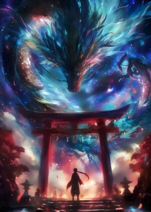 Celestial Dragon at the Torii Gate: Anime Fantasy Art Print - Premium Wooden Framed Poster. Ready to Hang.
