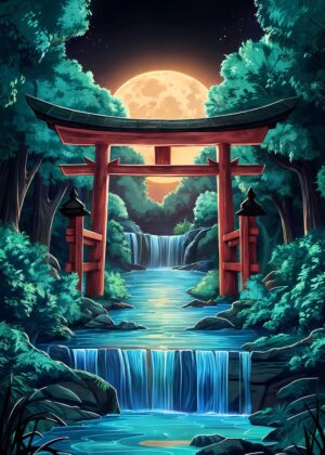 Serene Moonlit Waterfall in Japan: Torii Gate Artwork - Premium Wooden Framed Poster. Ready to Hang.
