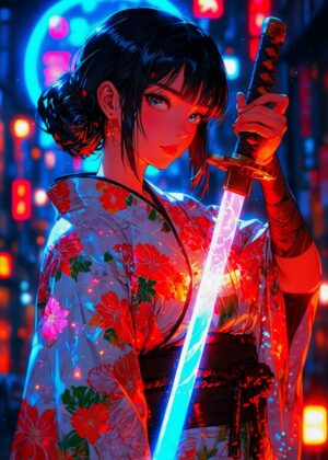 Samurai Neon Woman: Anime Art Print - Premium Wooden Framed Poster. Ready to Hang.