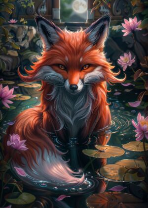 Mystic Fox in a Moonlit Pond - Premium Wooden Framed Poster. Ready to Hang.