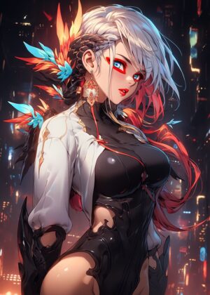 Vibrant Anime Girl Artwork: Fiery Hair and Striking Eyes - Premium Wooden Framed Poster. Ready to Hang.
