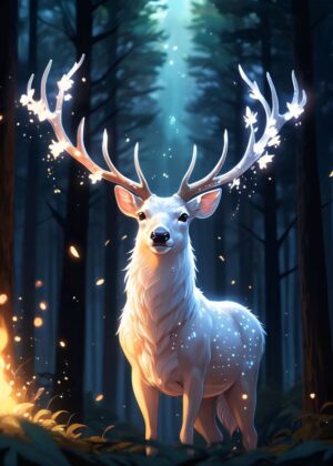 The Luminous Stag: Enchanted Forest Art Print - Premium Wooden Framed Poster. Ready to Hang.