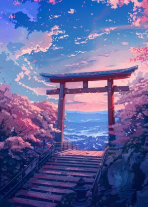 Serene Japanese Gate at Sunset - Premium Wooden Framed Poster. Ready to Hang.