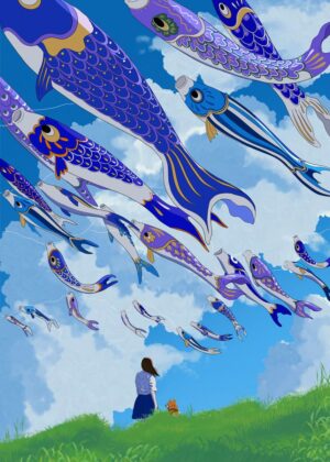 Koi Nobori: A Whimsical Summer's Day - Premium Wooden Framed Poster. Ready to Hang.