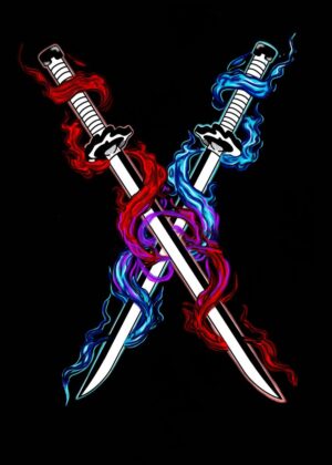 Fiery Dual Swords: A Breathtaking Artwork - Premium Wooden Framed Poster. Ready to Hang.