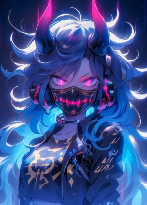 Cyberpunk Demoness: Digital Art Print - Premium Wooden Framed Poster. Ready to Hang.
