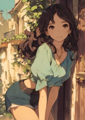 Whispers of Summer: Anime Girl in a Sunny Italian Town - Premium Wooden Framed Poster. Ready to Hang.