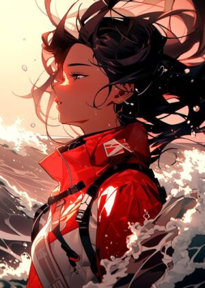 Anime Girl in Red Jacket by the Ocean - Premium Wooden Framed Poster. Ready to Hang.