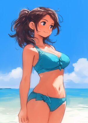 Summer Girl: Vibrant Beach Scene Artwork - Premium Wooden Framed Poster. Ready to Hang.